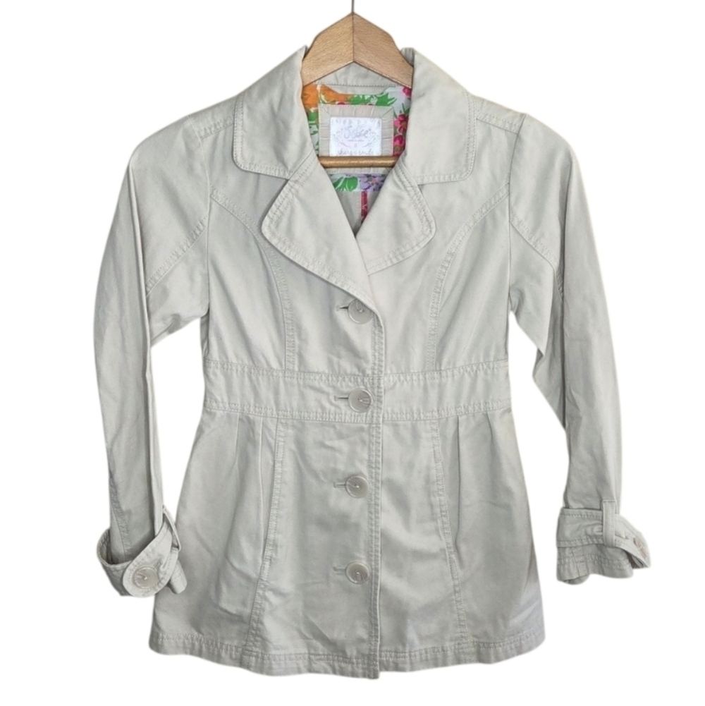 Justice Khaki Cream Button Front Jacket Notch Collar Girls Size 8 100% Cotton